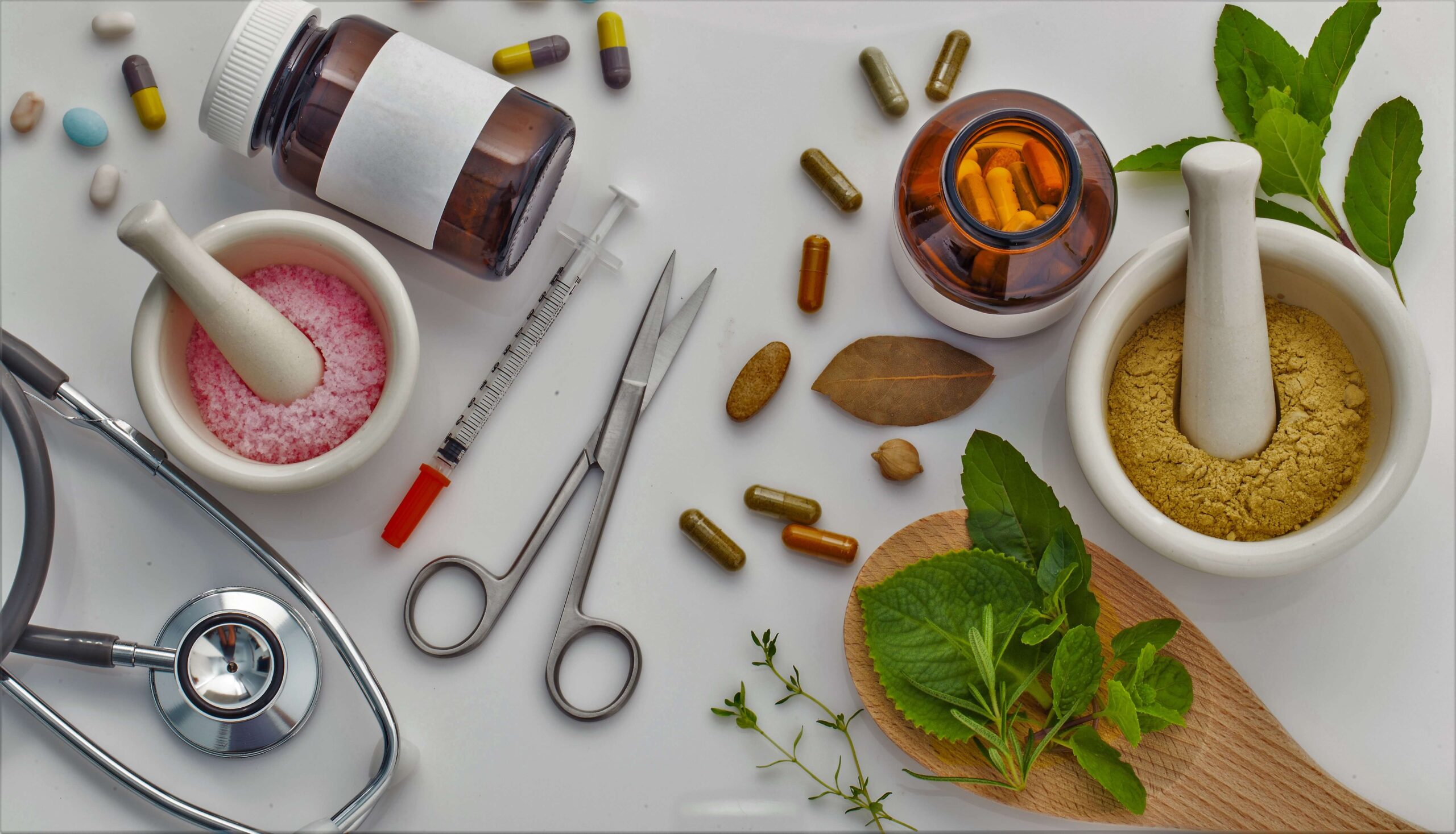 Functional medicine essentials – herbs, supplements, medical tools, and natural ingredients symbolizing holistic healing and personalized treatment.”